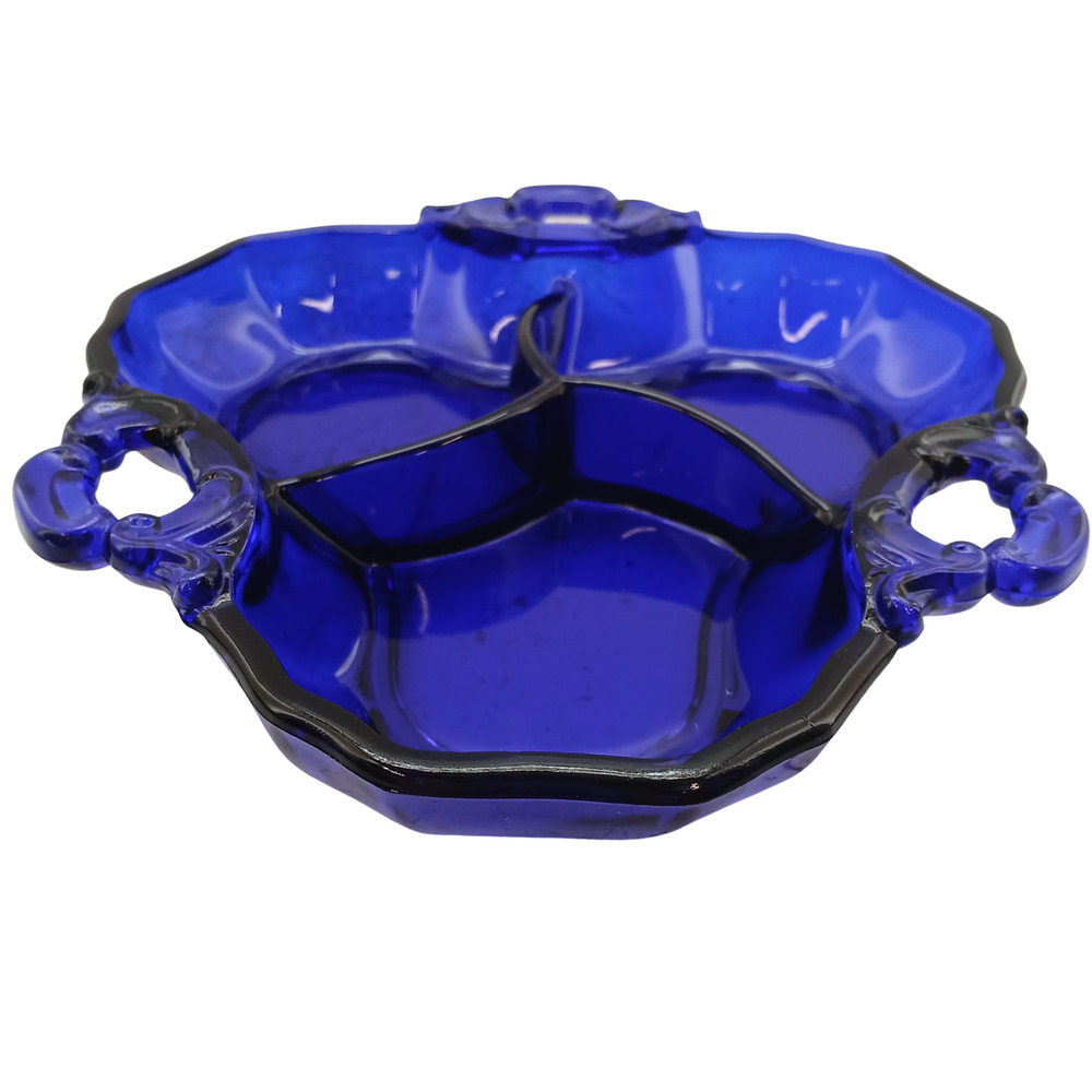 Vintage Cobalt Blue Divided Relish Dish Serving Tray Handled Mid-Century Glass